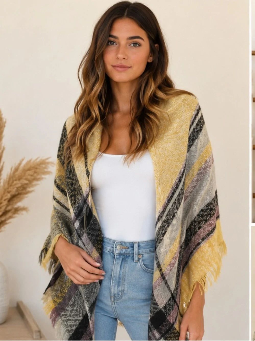 Cozy Mustard Plaid Blanket Scarf Wrap | Oversized Fringe Shawl | Soft Fall & Win